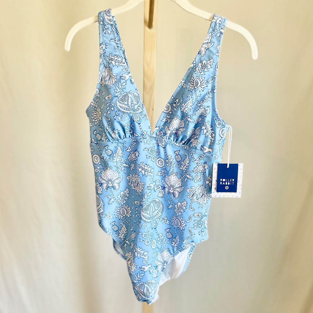 Roller Rabbit x Target Blue Floral One Piece Swimsuit V-Neck Size S 4-6 NEW